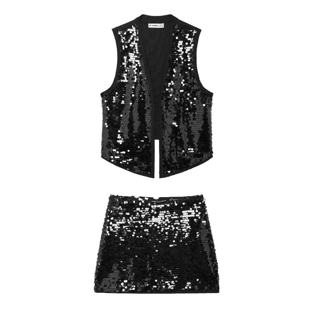 

Женский танцевальный комплект из 2 предметов: блестящий жилет + блестящая юбка L