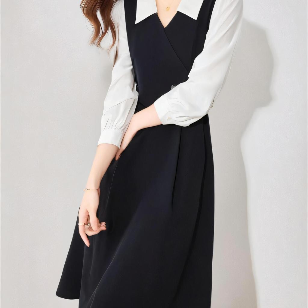 Autumn Fashionable Design Dress for Women's Fake Two-piece Commuting Dress