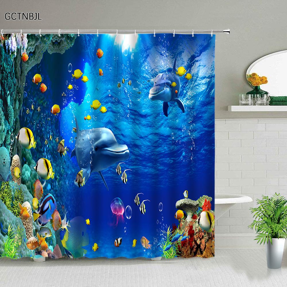 Funny Dolphin Shower Curtains Cute Ocean Animal Blue Seawater Sea Wave Scenery Bathroom Decor Cloth Hanging Curtain With Hooks