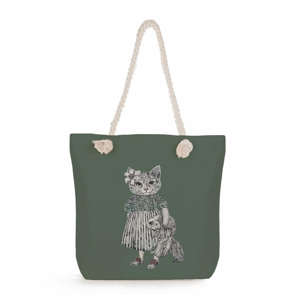 Multifunctional Cute cartoon cat Printed Thick Rope Shoulder Beach Bag Casual large capacity handbag 7610