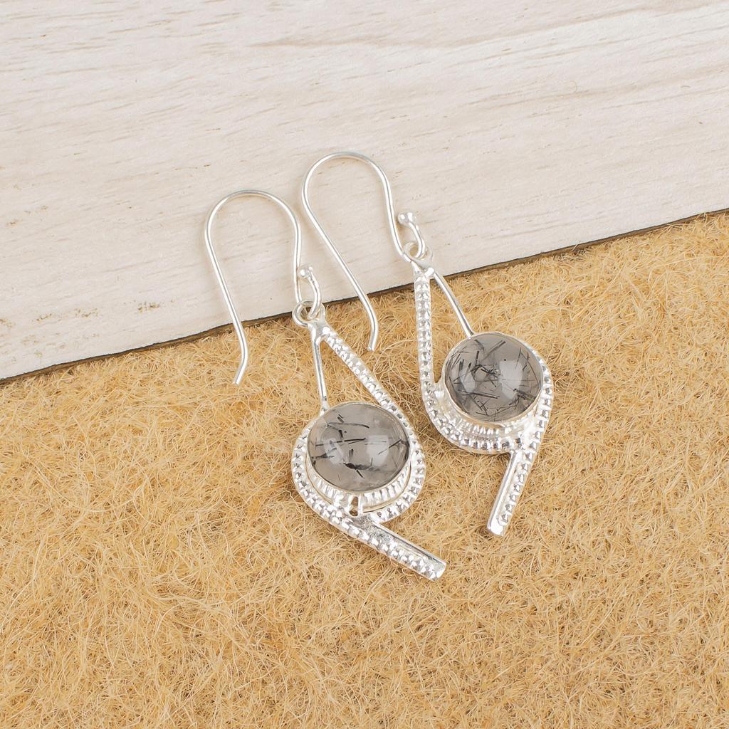 Black Rutile Handmade Silver Earrings, 925 Sterling Silver Designer Earrings, Beautiful Gemstone Earrings Gift For Wife