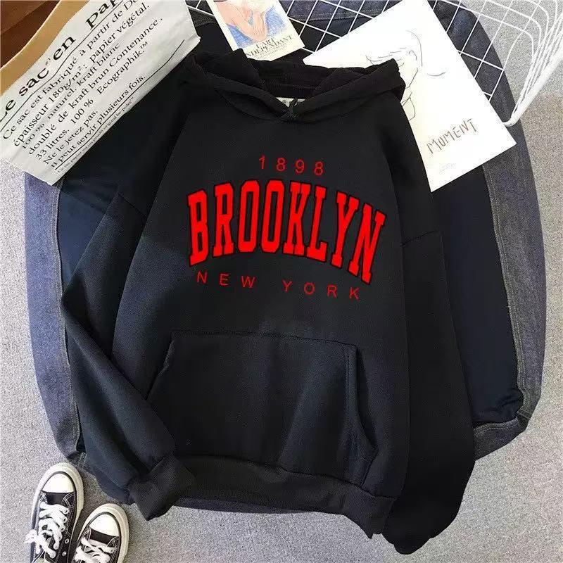 Women Hoodie Brooklyn Letter Print Fleece Lined Thick Oversized Loose Mid-Length Pullover Hooded Sweatshirt Korean Lazy Style Autumn Winter Casual Top