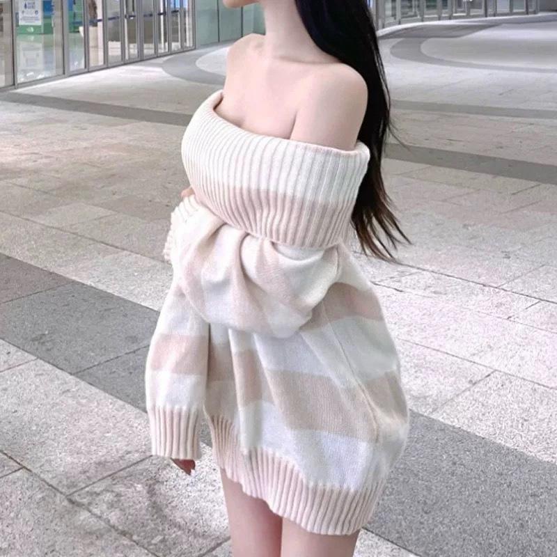 Korean Romantic Off-Shoulder Color Block Striped Knitted Top
