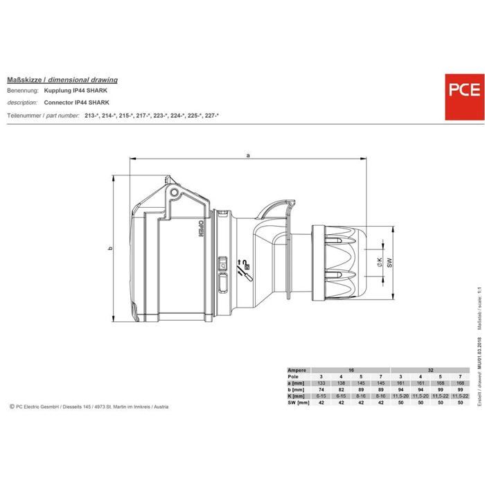 Prise CEE 16 A - PCE - Fiche femelle - 5 pôles - 400 V - IP44