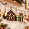 Handcrafted Wood Engraving Retro Wooden Nativity Pendant for Christmas Tree Decoration, Rustic Manger Ornaments Hanging Banner with Hemp Rope Holiday