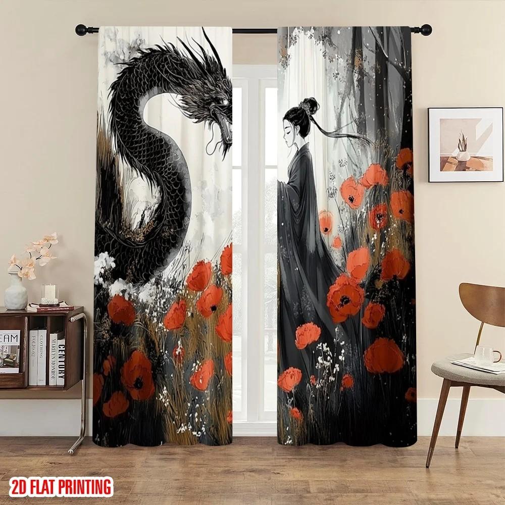

JIT 2pcs Vivid Poppy Floral Curtains Dragon&Lady Design Room Darkening Polyester Home Decor Rod Pocket Curtains 24x59in(60x150CM)x2&Rod Pocket