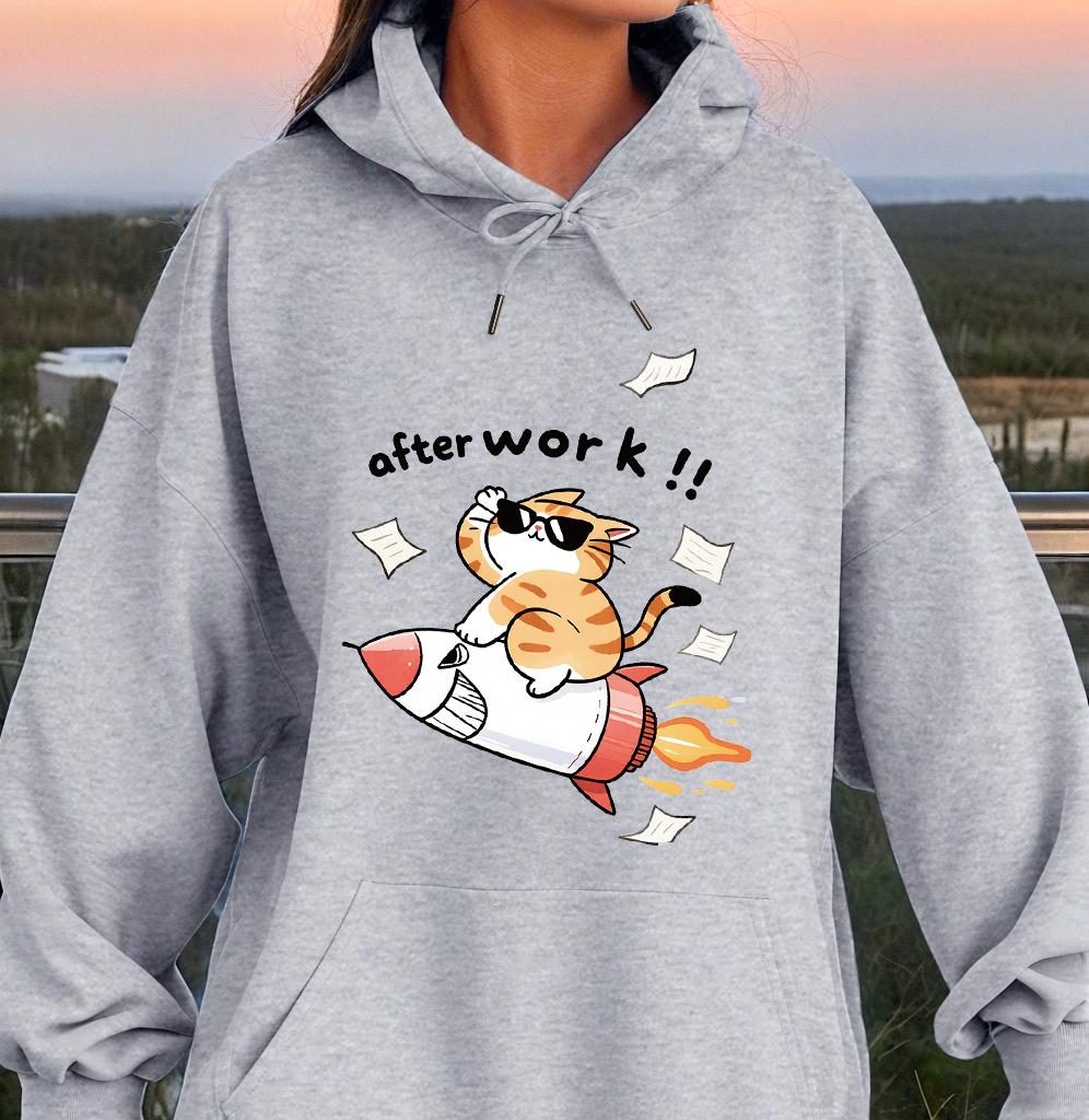 Creative After Work Rocket Cat Design Unisex Hoody Cartoons Creativity Clothing Warm  Soft Sportswear Crewneck  Basic Clothes