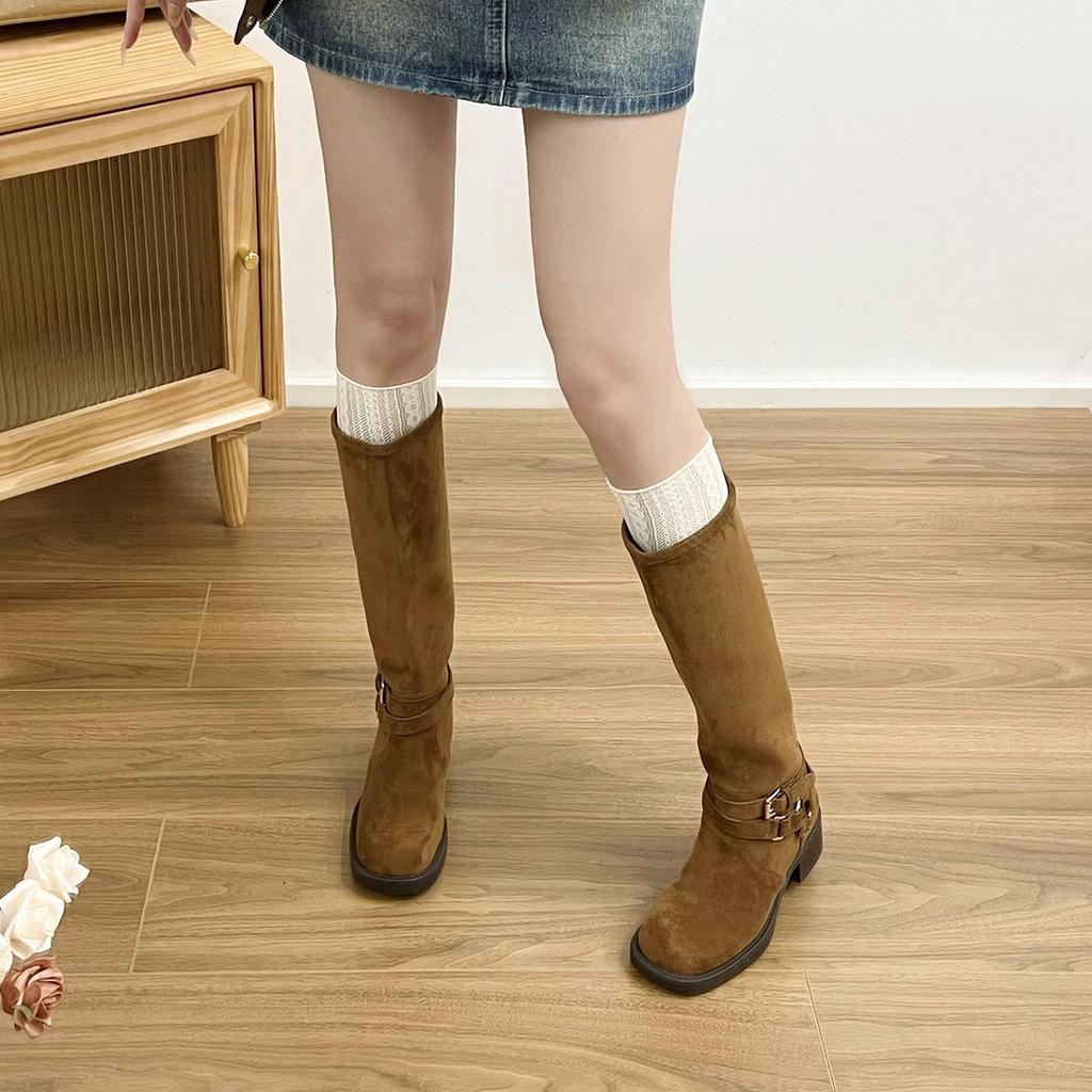 Wasteland wind frosted leather thick heel belt buckle round head western boots women