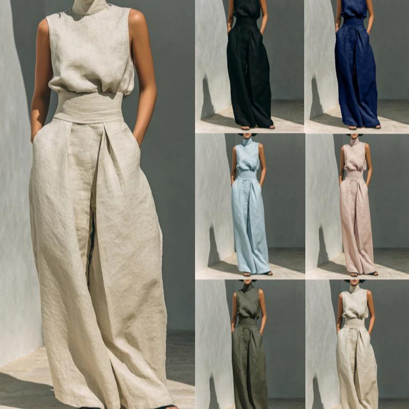 Women's Sleeveless High Neck Top and Wide Leg Pants Two Piece Set Casual Summer Outfit