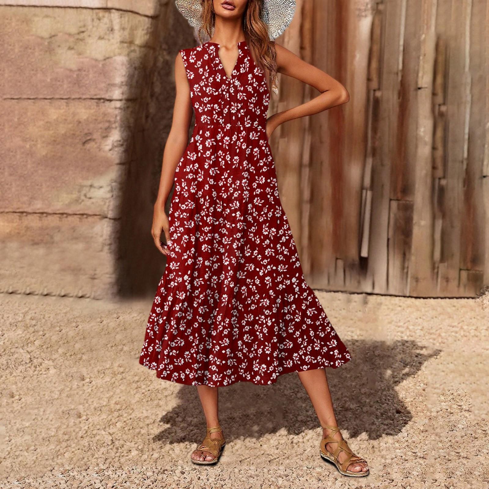 

Женское повседневное и модное платье средней длины с V-образным вырезом без рукавов и принтом XXL красный