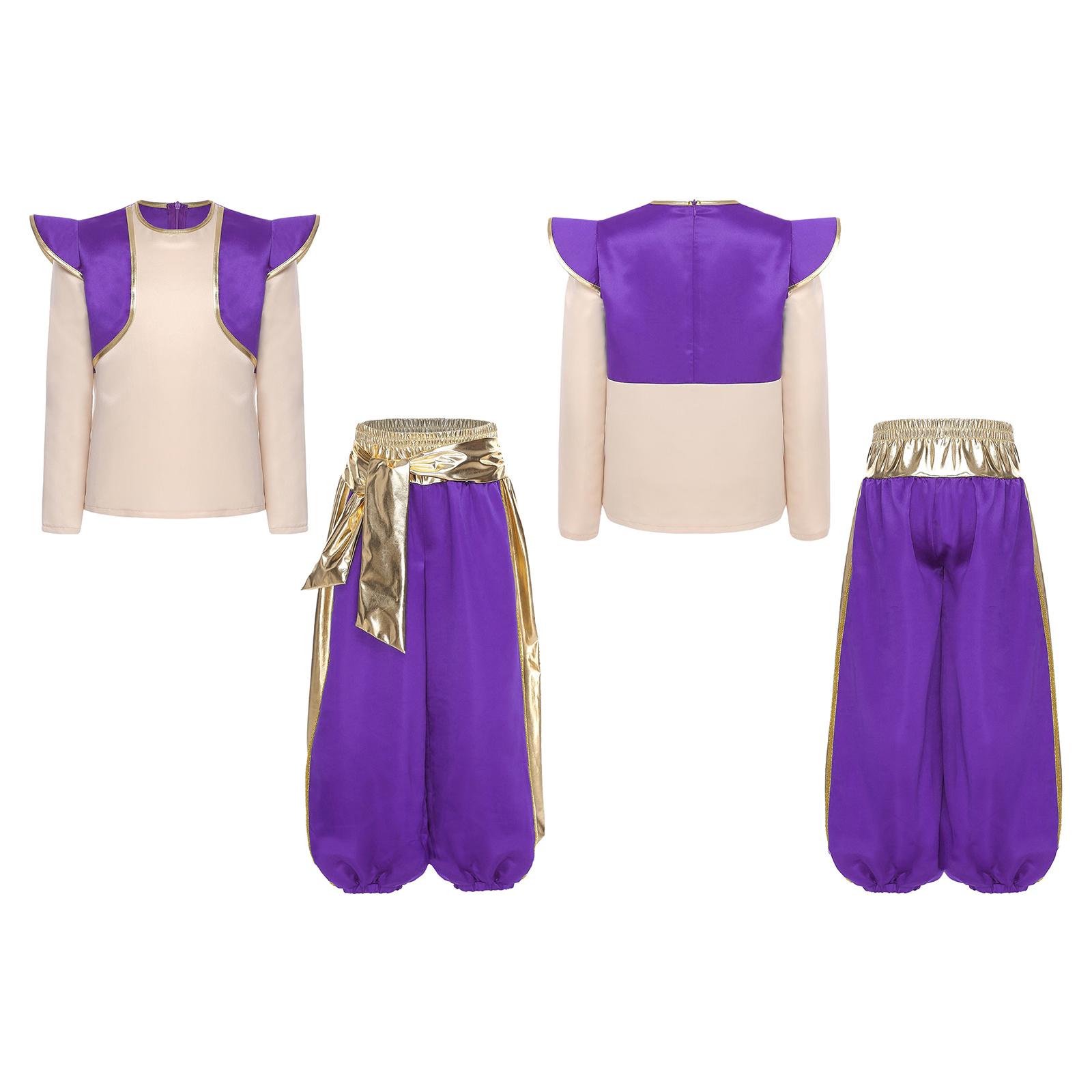 

Костюм арабского принца для мальчика - Металлические блестящие шаровары и фальшивый топ из двух частей для косплея на Хэллоуин 5-6 Years фиолетовый