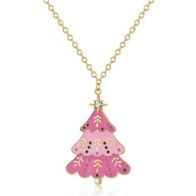 Premium Alloy Pink Christmas Tree Earrings And Necklace Set Perfect For Holiday Gatherings