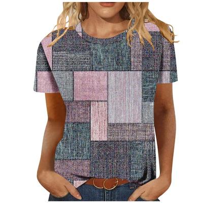 Damen Sommer T-Shirt mit Rundhalsausschnitt und kurzen Ärmeln und Retro-Karostreifen im 3D-Digitaldruck
