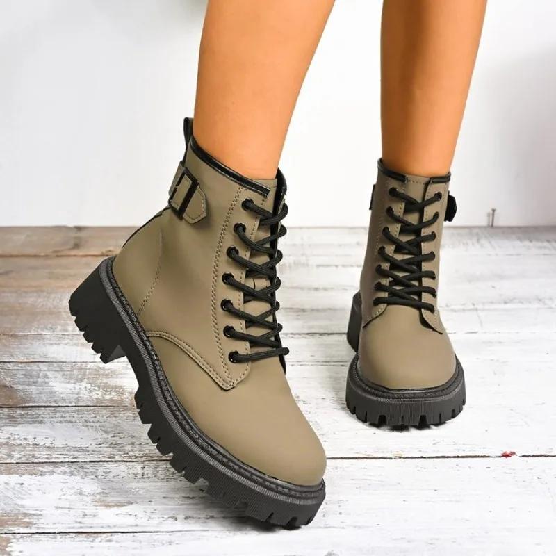 Fashion British Platform Plus Size Women's Boots Classic Big Toe Booties Lace-Up Versatile Casual Shoes