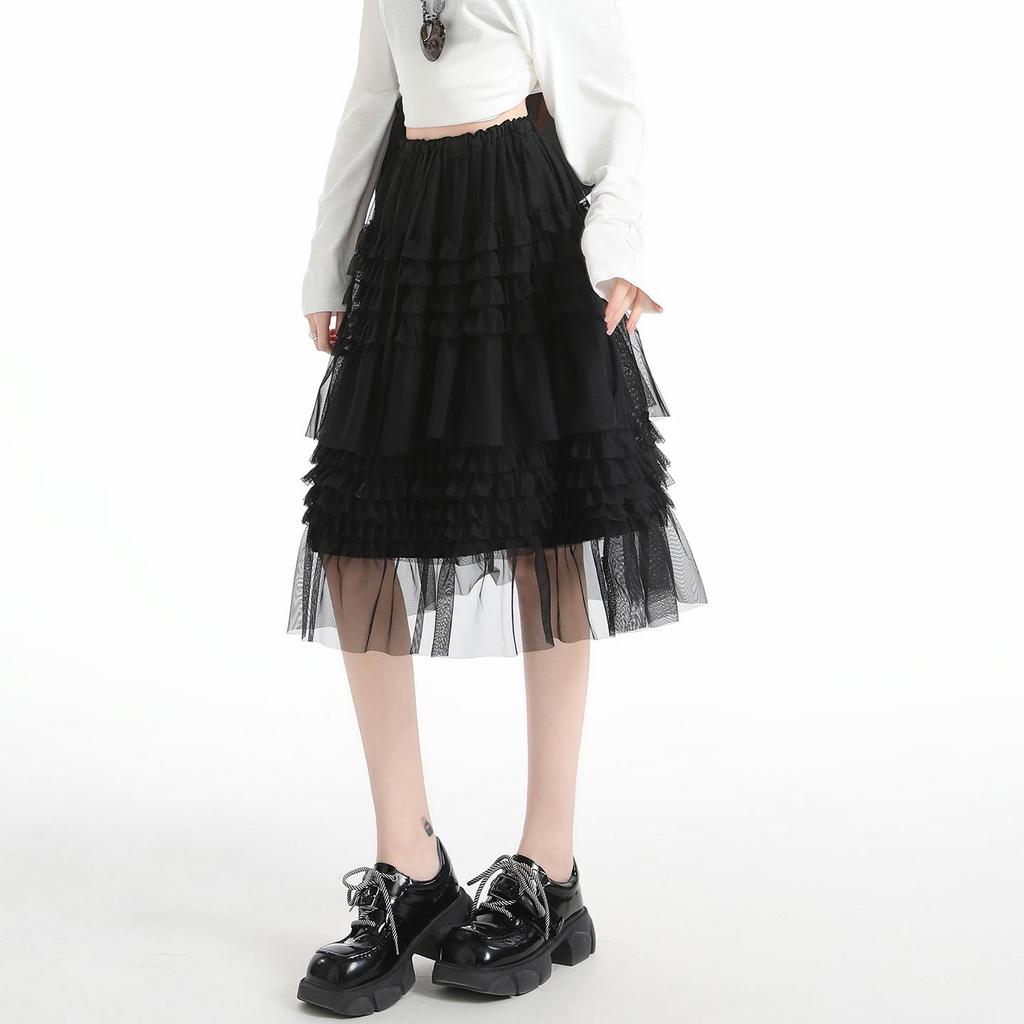 Korean Women's Layered Drawstring Mesh Skirt - Niche Design Fluffy Gauze Mid-Skirt