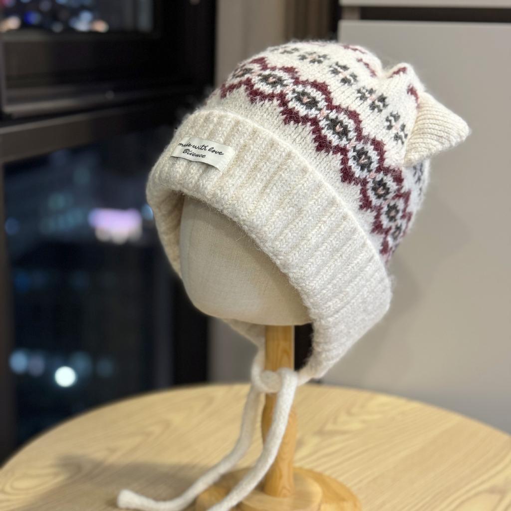 New Cute Cat Ears Plus Velvet Knitted Hat for Women in Autumn and Winter Thickened and Warm Ear Protecting Lei Feng Hat Showing Face Small Woolen Hat