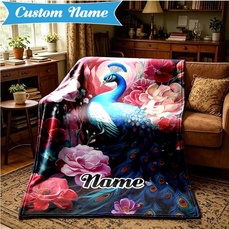Custom Name Peacock Flowers Romance Blanket Lightweight Ideal Bedding Blanket Perfect for Travel, Camping, Living Rooms, Sofas, Christmas gift