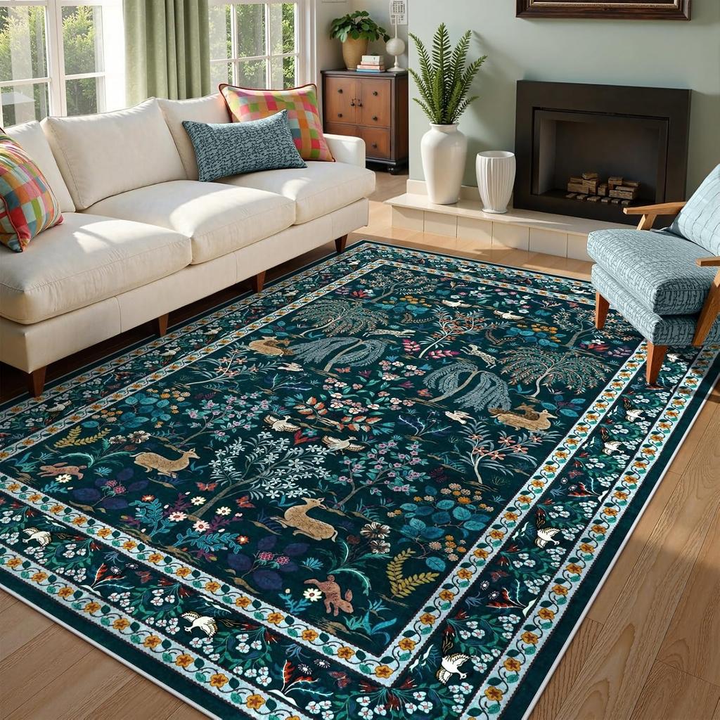 Black Rugs for Living Room Machine Washable Floor Mat Botanical Floral Birds Nature-Inspired Carpet Non-Slip Soft Home Decor