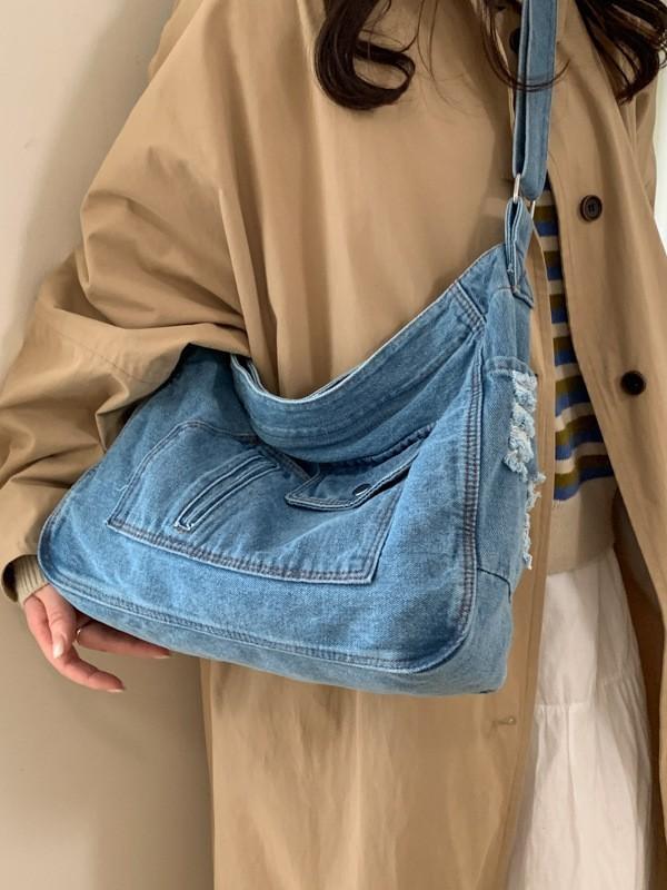 Borsa Tote Grande in Denim Stile Vintage con Tasca Interna per Lavoro e Uscite nel Weekend