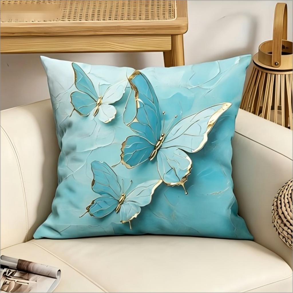2D Printed Luxury Teal Blue Butterfly Pillow Cover Gold Foil 2D Effect Boho Soft Throw Pillow Case For Home Sofa Decor Gift