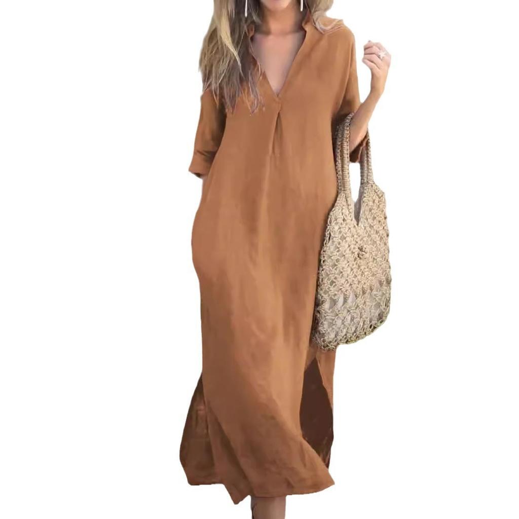 2026 European Beautiful Woman Summer Explosion On Both Sides Slit V-neck 7-point Sleeve Chest Pleated Dress