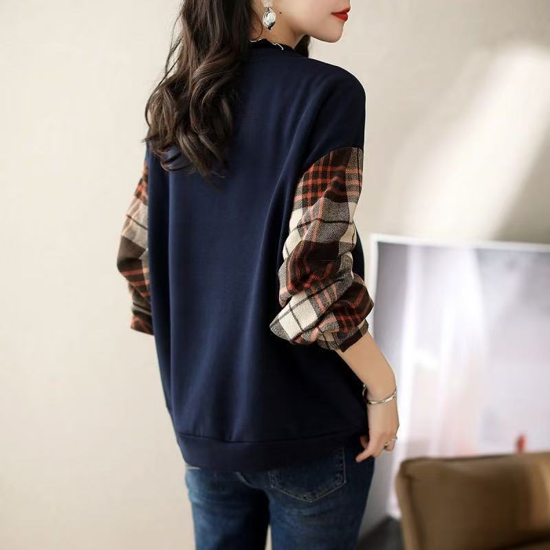 Autumn Winter Vintage Plaid Patchwork Fake Two Pieces Sweatshirt Women Loose Casual All-match Pullover Top