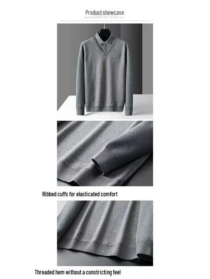 Men's Loose Knit Sweater with Faux Two-Piece Shirt Collar, Fleece-Lined, Thick Warm Winter Stand-Up Collar Top