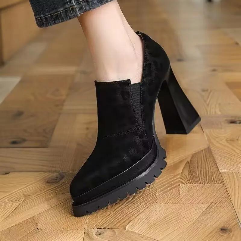Women's High Heels Temperament Pointed High Heels Single Shoes Retro Suede Leopard Print Design Women's Ankle Boots Pumps Botas