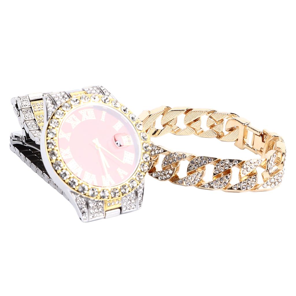 Watch Bracelet Set Diamond Decoration Built In Calender Stainless Steel Strap Business Quartz Watch for Men Gift