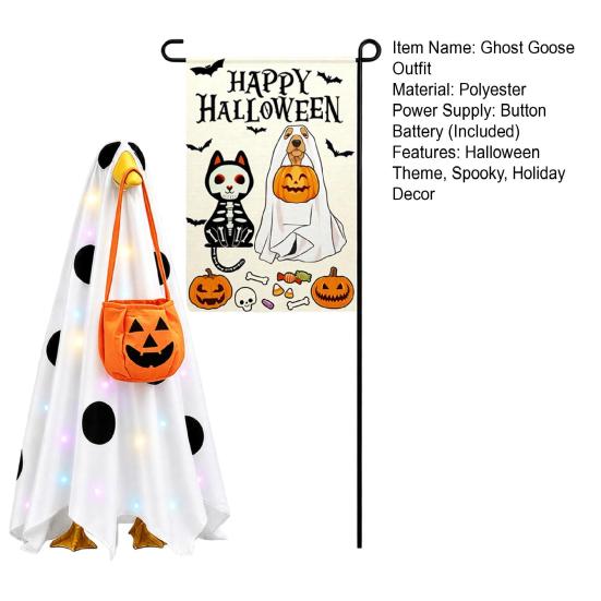 Illuminated Halloween Prop Lighted Ghost Porch Goose Outfit And Flag Set for 23 Inch Statue, Outdoor Yard Ornament Spooky Clothes with Pumpkin Bucket