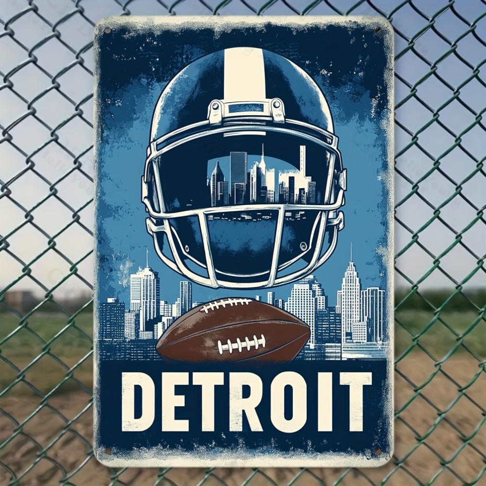 Detroit Football Iron Metal Sign Weather-Resistant with Pre-Drilled Holes Decorative Wall Art for Home Garden Cafe Office Club