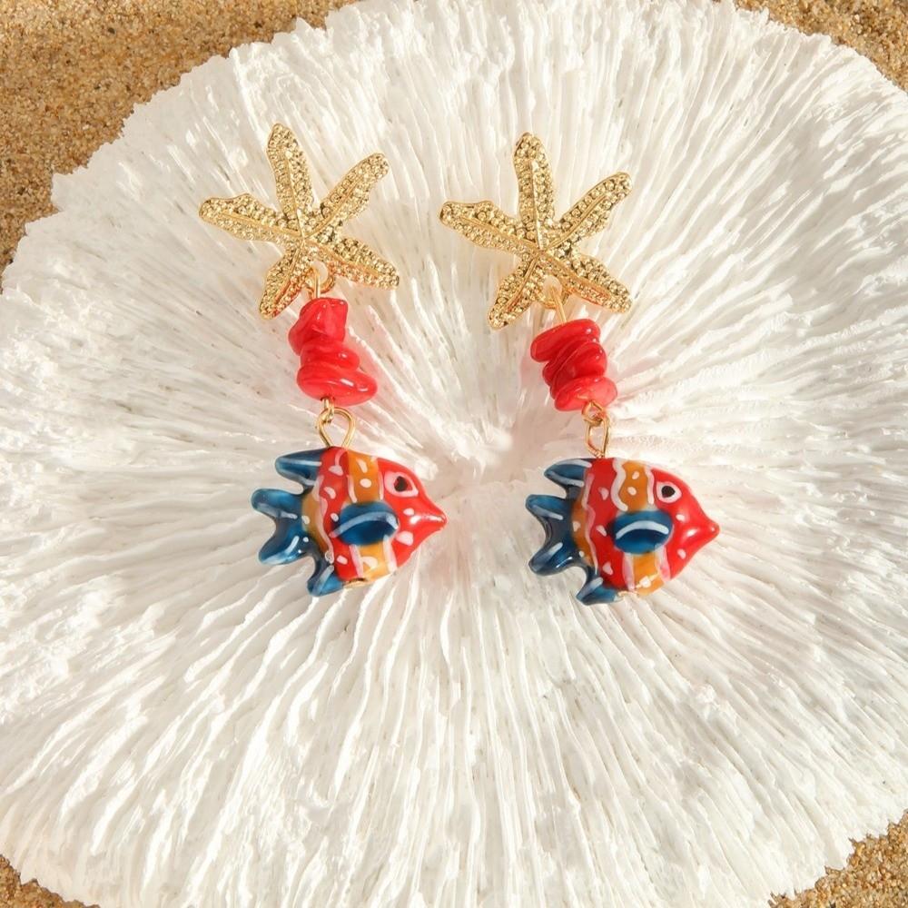 Personality Colored Glaze Starfish Earrings Conch Octopus Starfish Star Dangle Earrings Festival