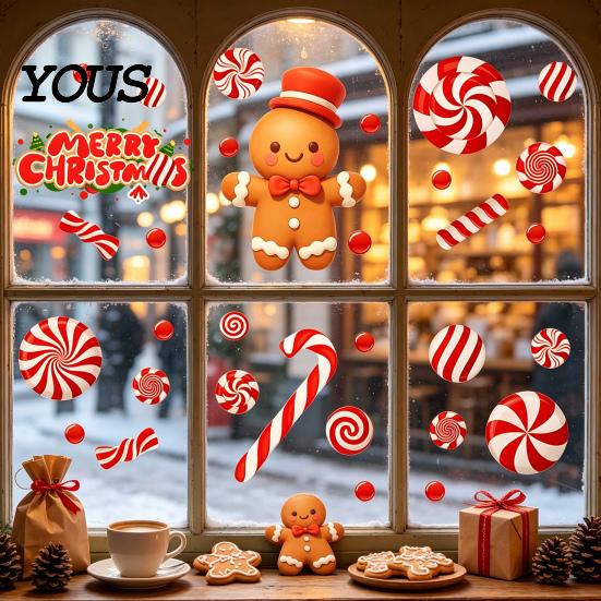 Holiday Candy Pattern Decorations Christmas Static Window Clings for Glass, Decorations, Gingerbread Man Decorative PVC Stickers Windows Cane