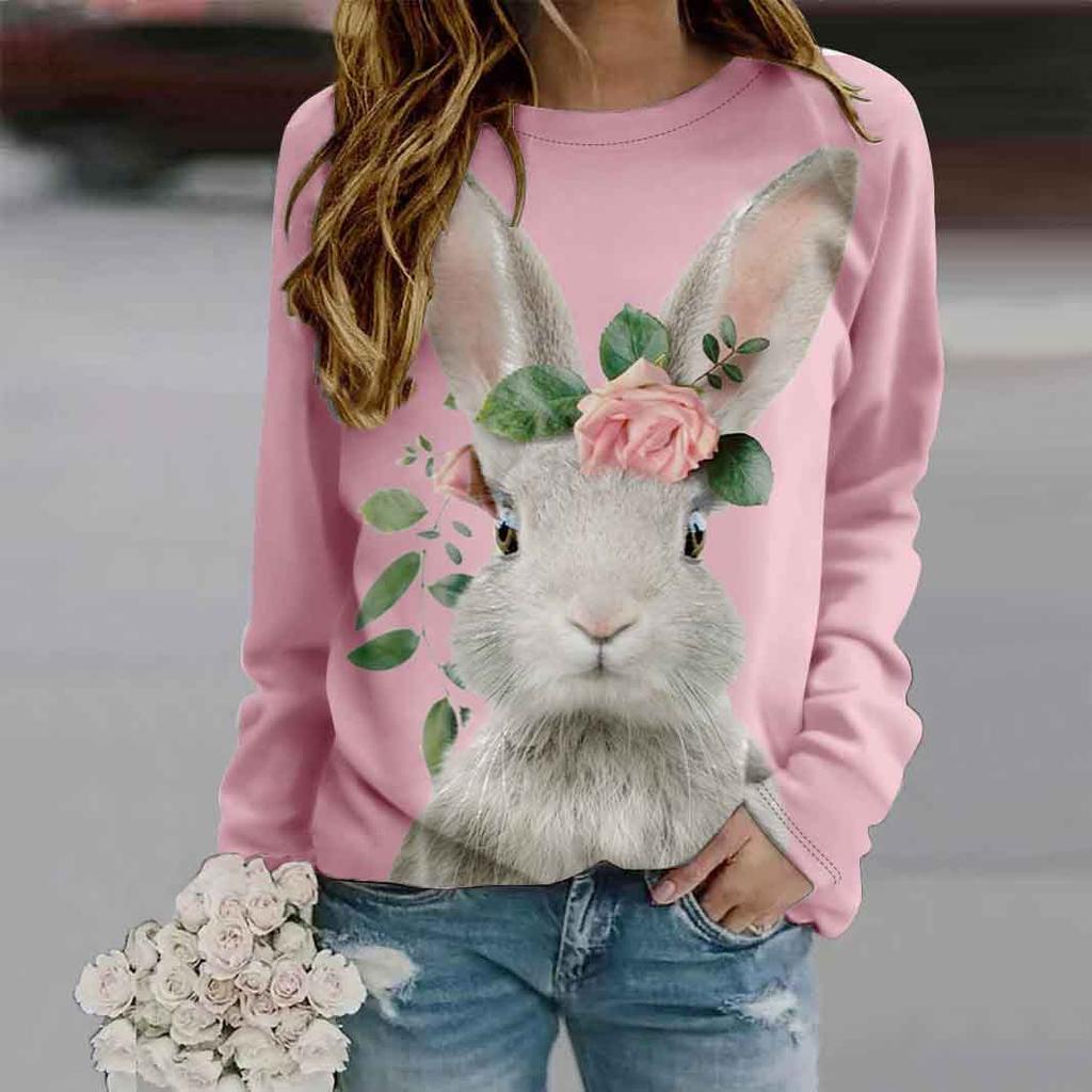 Fall Autumn Women'S Fashion O Neck Long Sleeve T-Shirt Loose Clothes Rabbit Print T Shirt