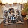1Pc Cartoon Reading Girl Themed Printed Throw Pillow Cover, Suitable For Sofa,Bedroom,Living Room,A Healing Gift For Book Lovers