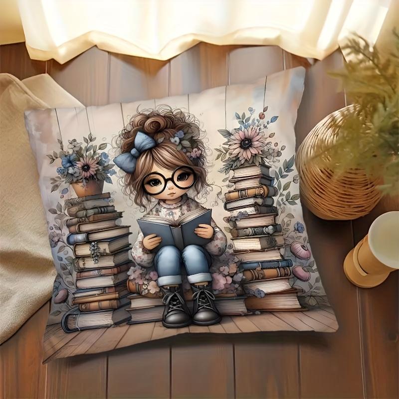 1Pc Cartoon Reading Girl Themed Printed Throw Pillow Cover, Suitable For Sofa,Bedroom,Living Room,A Healing Gift For Book Lovers