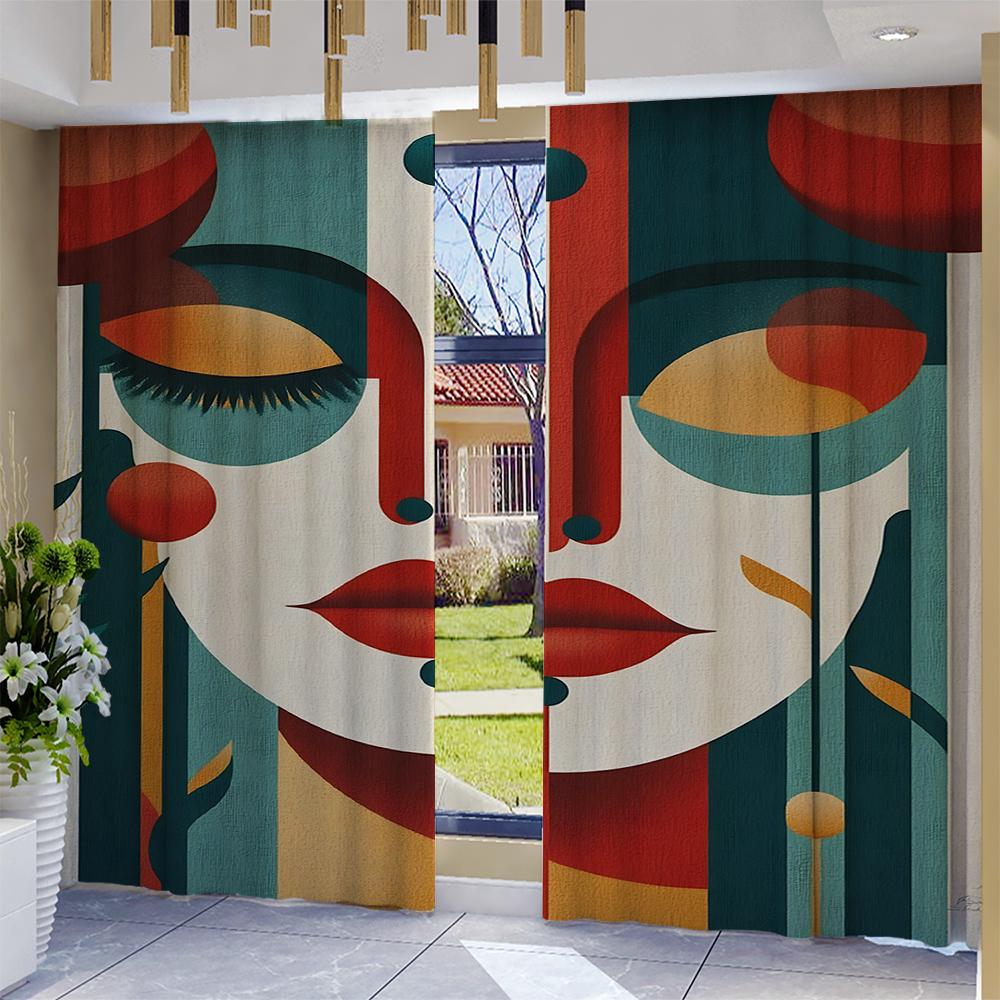2PC Home Colorful Facial Features Curtains With Landscape Background And Pole Pocket Curtains, Kitchen, Coffee Shop, Living Room