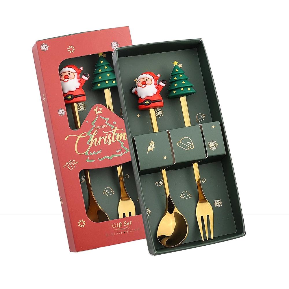 

2/4/6PCS Christmas Gift Glod Spoon Fork Set Elk Christmas Cutlery Set Tree Decoration Dessert Scoop Fruit Fork Coffee Spoon