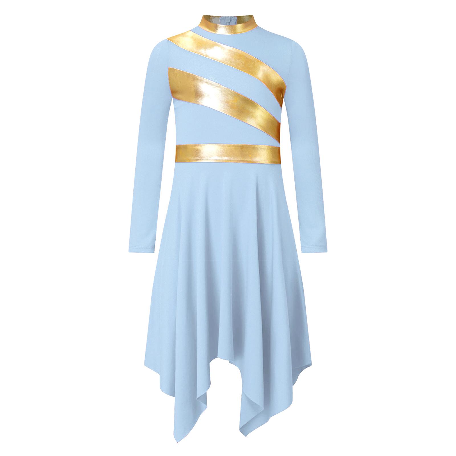 

Girls Church Performance Dress Metallic Patchwork Mock Neck Long Sleeve Asymmetrical Hem Contrast Color Worship Wear 5-6 Years світло-синій колір