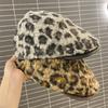 Pu Leather Brim Leopard Print Berets Keep Warm Women Newsboy Caps Retro Lamb Wool Berets Hat  Girl