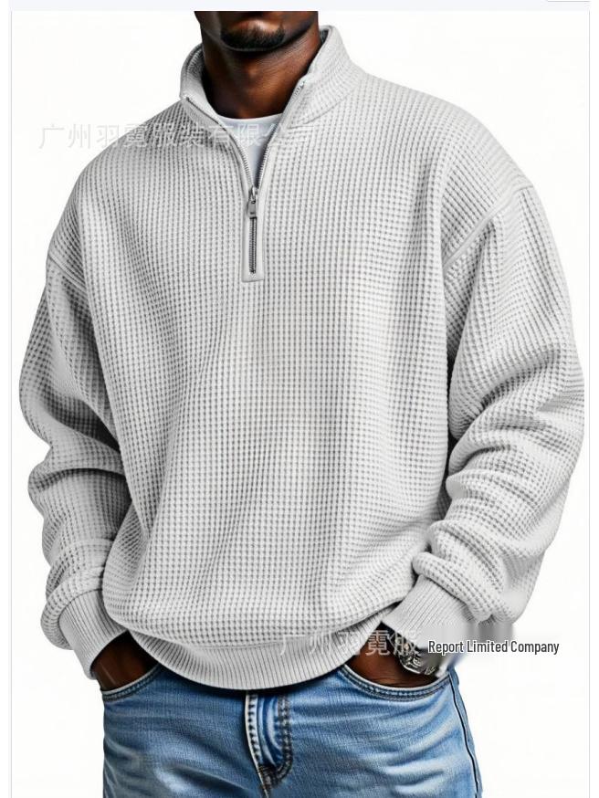 

Men s European Style Waffle Knit High Collar Half-Zip Hoodie Large світло-сірий колір