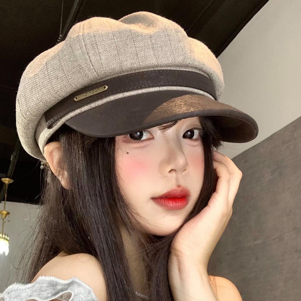 British Style Splicing Striped Octagonal Hat Female Face Small Big Head Circumference Beret Versatile Fashion Newsboy Painter Hat