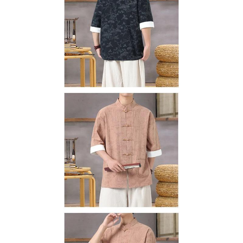 Men's Lightweight Mandarin Collar Printed Shirt Summer Chinese Style Oriental Design Casual Cultural Wear