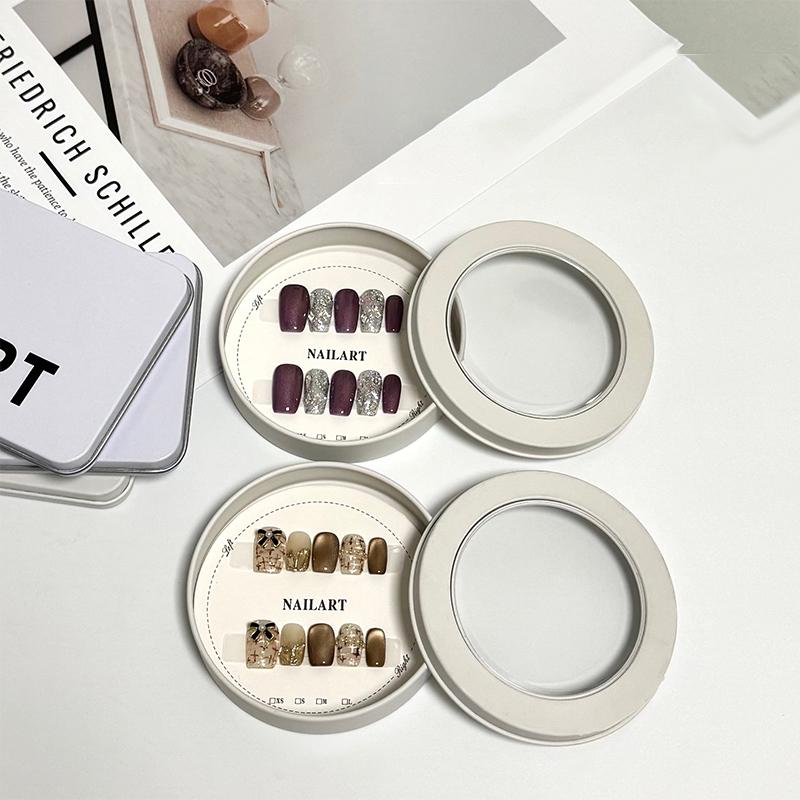 False Nail Press On Wearing Circular Iron Display Box With Display Card Nail Packing Box For Fake Nails Finished Product