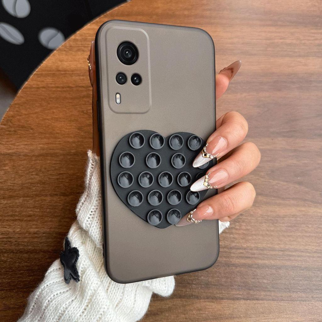 Heart Shape Suction Cup Phone Case for Vivo Y53s 4G,Y51,Y31 2020 Semi Transparent Matte Shockproof Soft TPU Cover