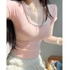 Sweet Fashion Versatile Summer New T-Shirts Women Square Collar Solid Lace Patchwork Short Sleeve Korean Casual Skinny Tops