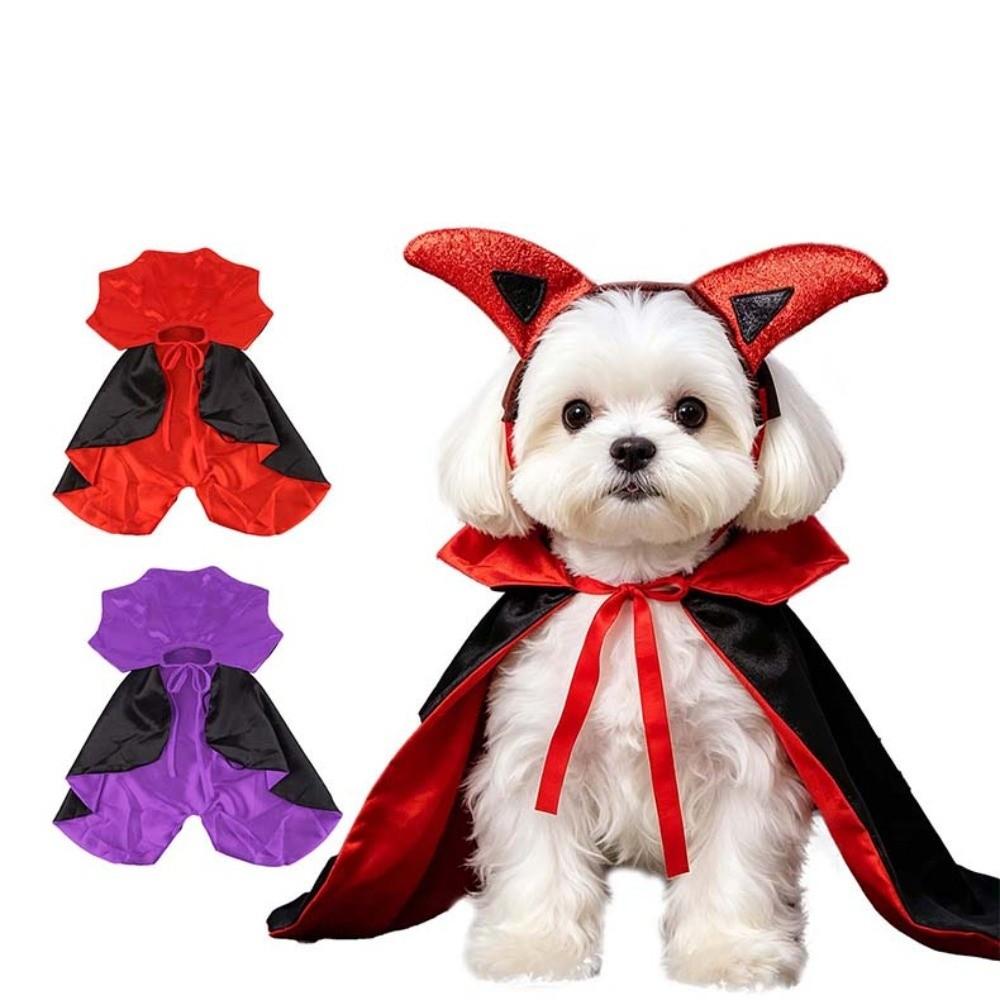 Stand Collar Pet Gothic Costume Tie Closure Horns Dog Horn Headband with Ear Holes Red Black Contrast Cat Gothic Cloak