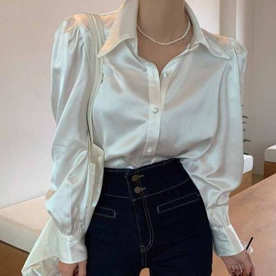 2023 Nieuwe mode satijnen blouse met knoopsluiting en revers, elegante blouse met pofmouwen, losse damestop, witte damesblouse, Blusas Mujer 12635