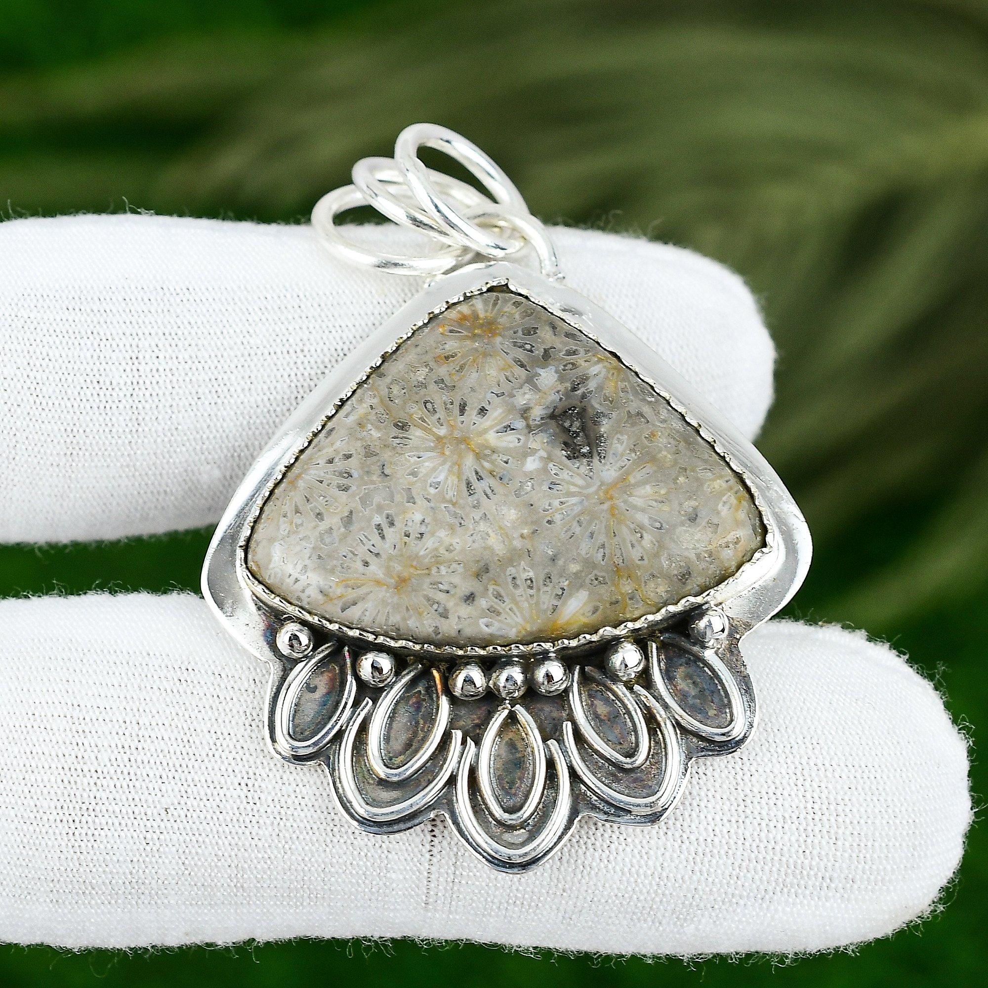 Trillion Root Chakra Natural Fossil Coral 925 Silver Bezel Elegant Boho Pendant