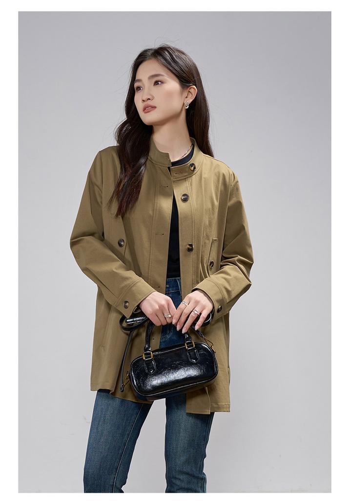 Casual drawstring stand up collar jacket, women's small waist windbreaker, loose top
